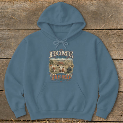 Blue hoodie with "Home is Where the Herd Is" farm graphic.