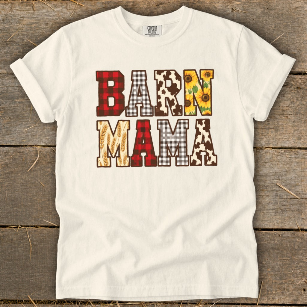 Cream t-shirt with "BARN MAMA" text in rustic farm-themed patterns.