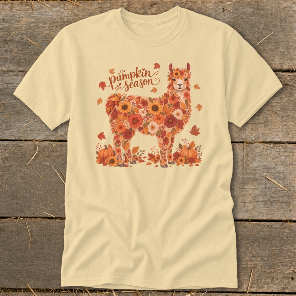 Alpaca made of autumn flowers with "pumpkin season" text.