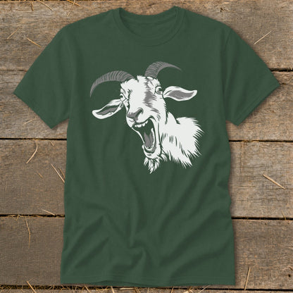 Green t-shirt with a graphic of a screaming white goat with gray horns and a beard.