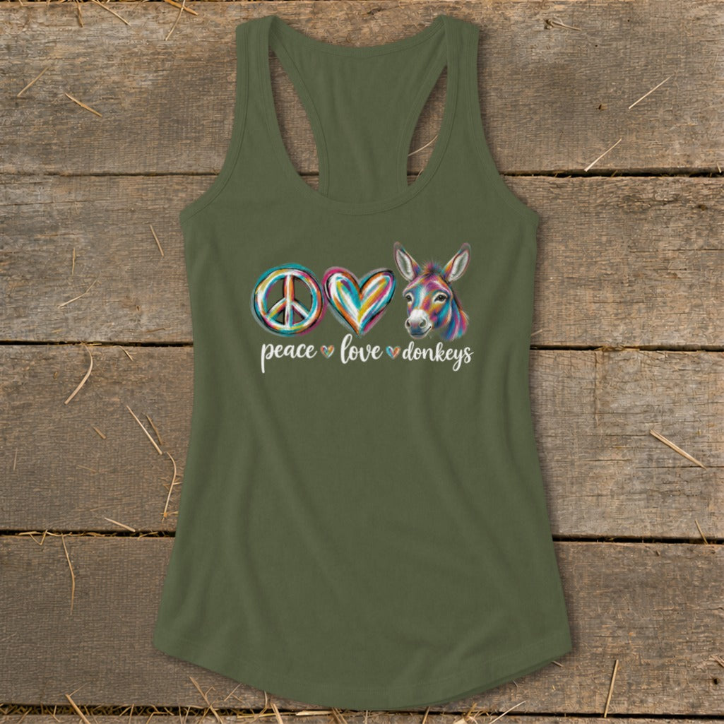 Tank top with peace, heart, donkey graphic and "peace love donkeys" text.