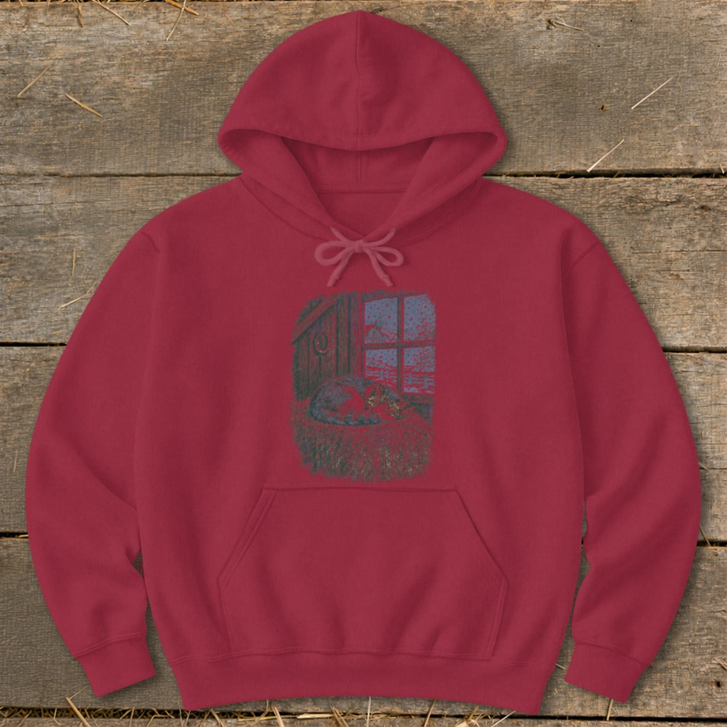 Maroon hoodie with a graphic of a cat sleeping in a barn window.