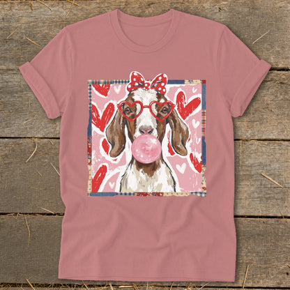 Goat wearing heart glasses and a bow blowing bubblegum on a pink heart background.