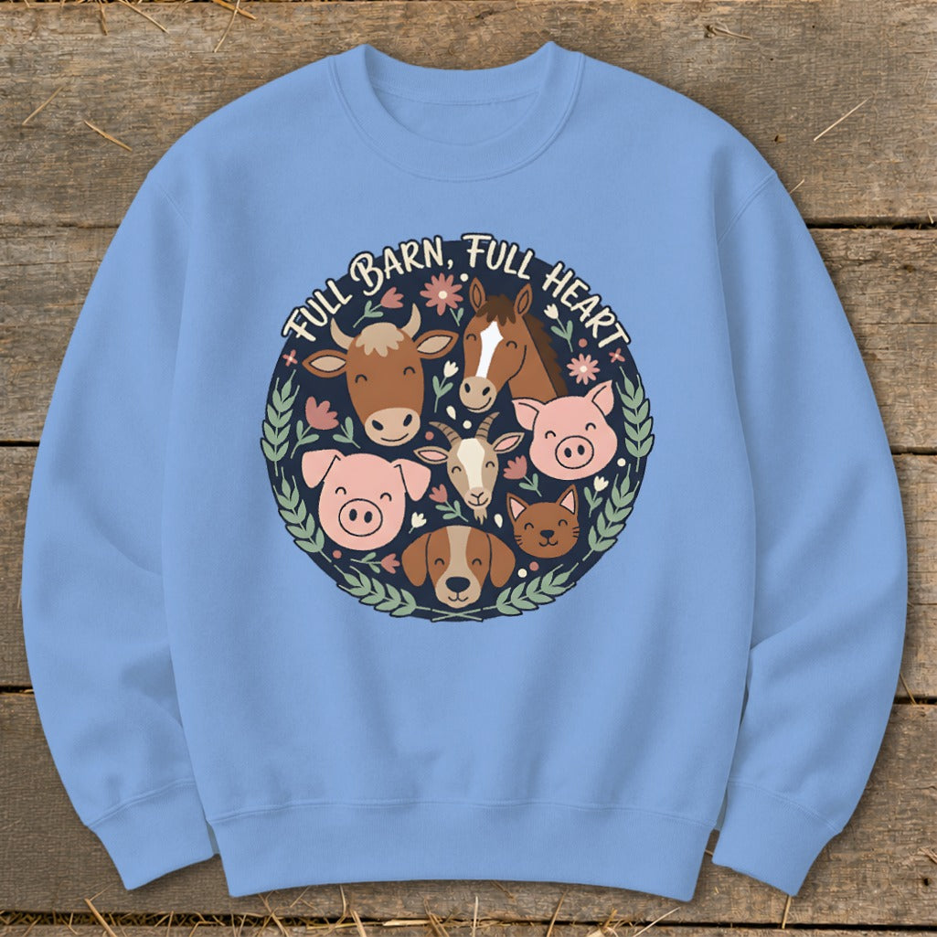 Crewneck sweatshirt with "Full Barn, Full Heart" text and farm animal illustrations.