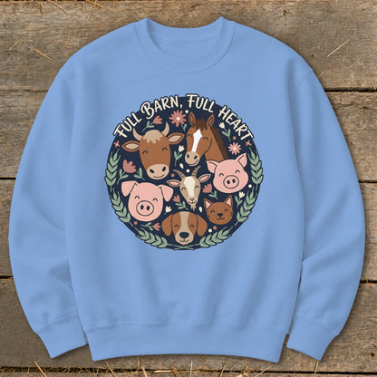 Crewneck sweatshirt with "Full Barn, Full Heart" text and farm animal illustrations.