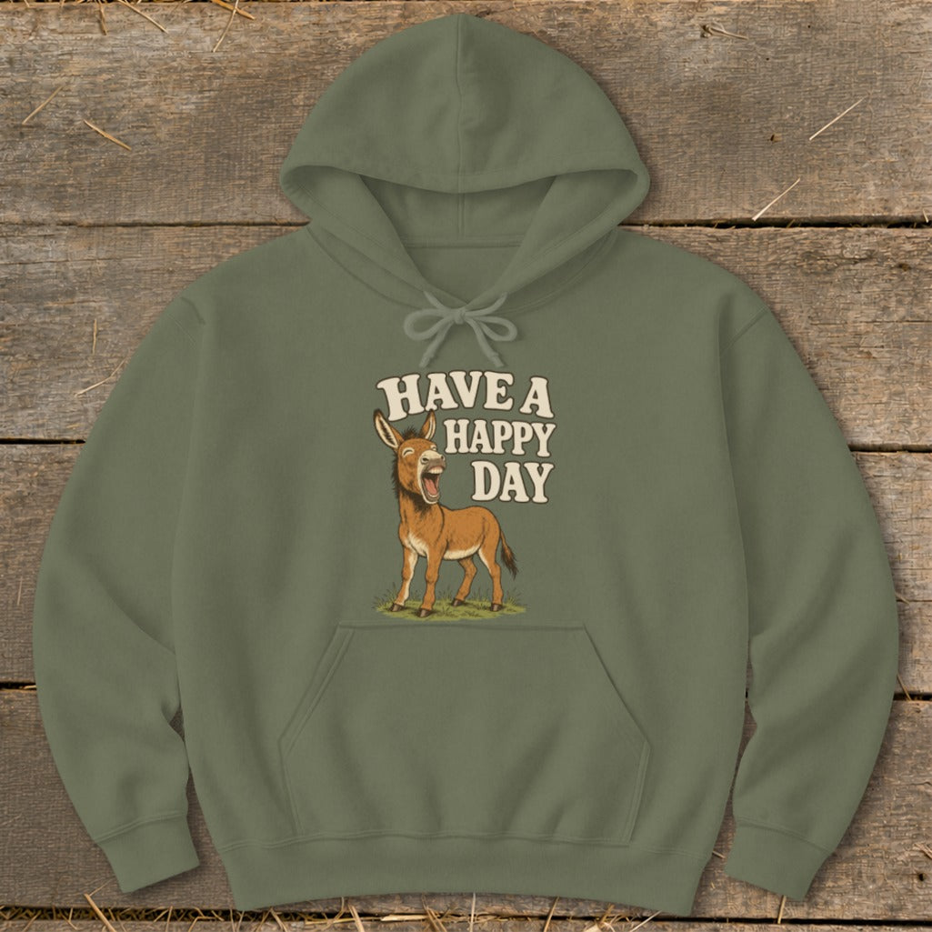 Olive green hoodie with a smiling donkey and "Have a Happy Day" text.