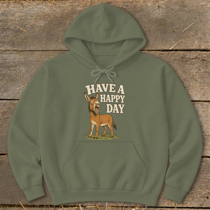 Olive green hoodie with a smiling donkey and "Have a Happy Day" text.