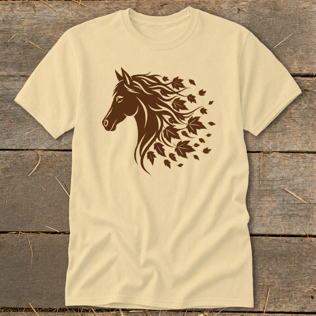 Cream t-shirt with brown horse head silhouette and falling leaves design.