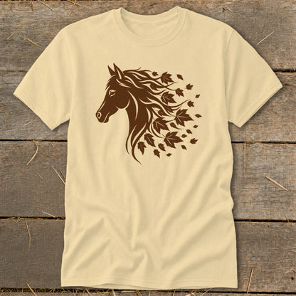 Cream t-shirt with brown horse head silhouette and falling leaves design.