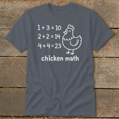Dark grey t-shirt with white text and a cartoon chicken that says "chicken math."