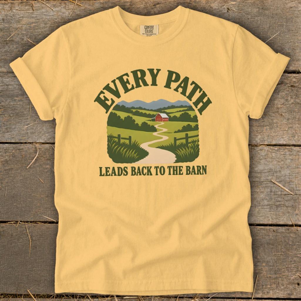 Yellow t-shirt with "Every Path Leads Back To The Barn" and farm scene graphic.