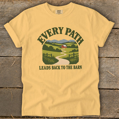 Yellow t-shirt with "Every Path Leads Back To The Barn" and farm scene graphic.