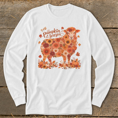 White long-sleeve shirt with a sheep graphic made of flowers and text reading "Pumpkin Season."