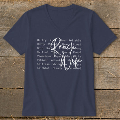 Navy v-neck t-shirt with "Ranch Wife" and descriptive words.