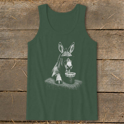 Dark green tank top with a white graphic of a donkey wearing sunglasses and drinking from a cup.