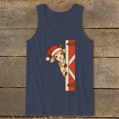 Navy tank top with a cute goat wearing a Santa hat peeking from behind a barn door.