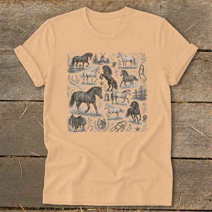 T-shirt with a repeating pattern of horses, saddles, and windmills in black and white.