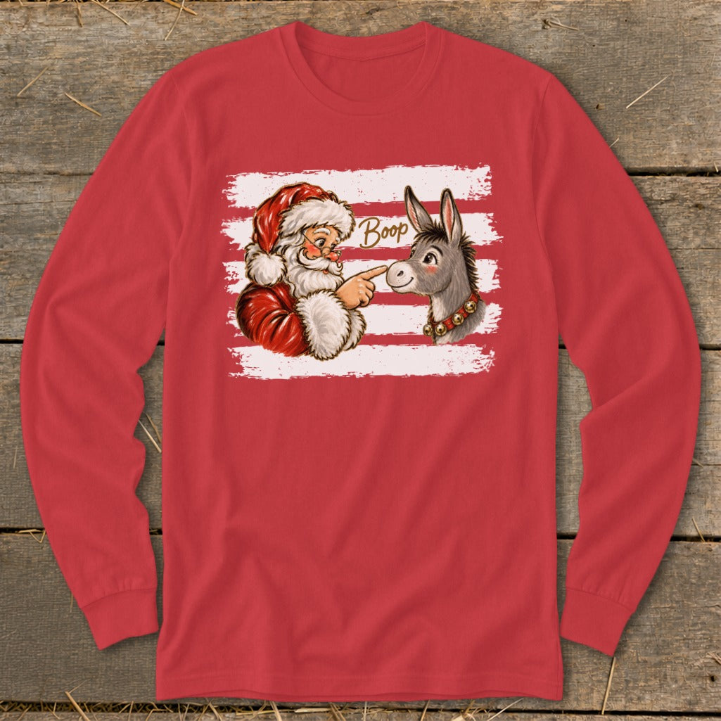 Santa pointing at a donkey with "Boop" text above them on a striped background.