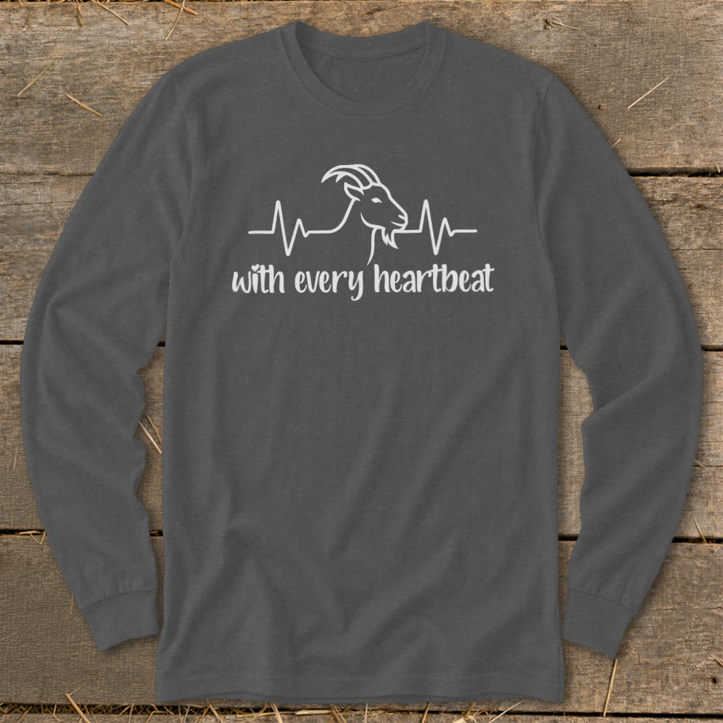 Long-sleeve shirt with a white goat and heartbeat graphic and text.