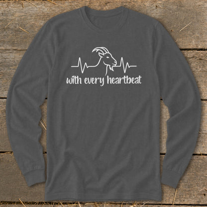 Long-sleeve shirt with a white goat and heartbeat graphic and text.