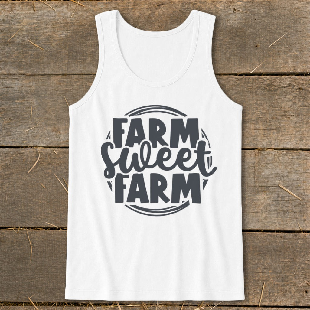 White tank top with dark gray text reading "FARM Sweet FARM" in a circular design.