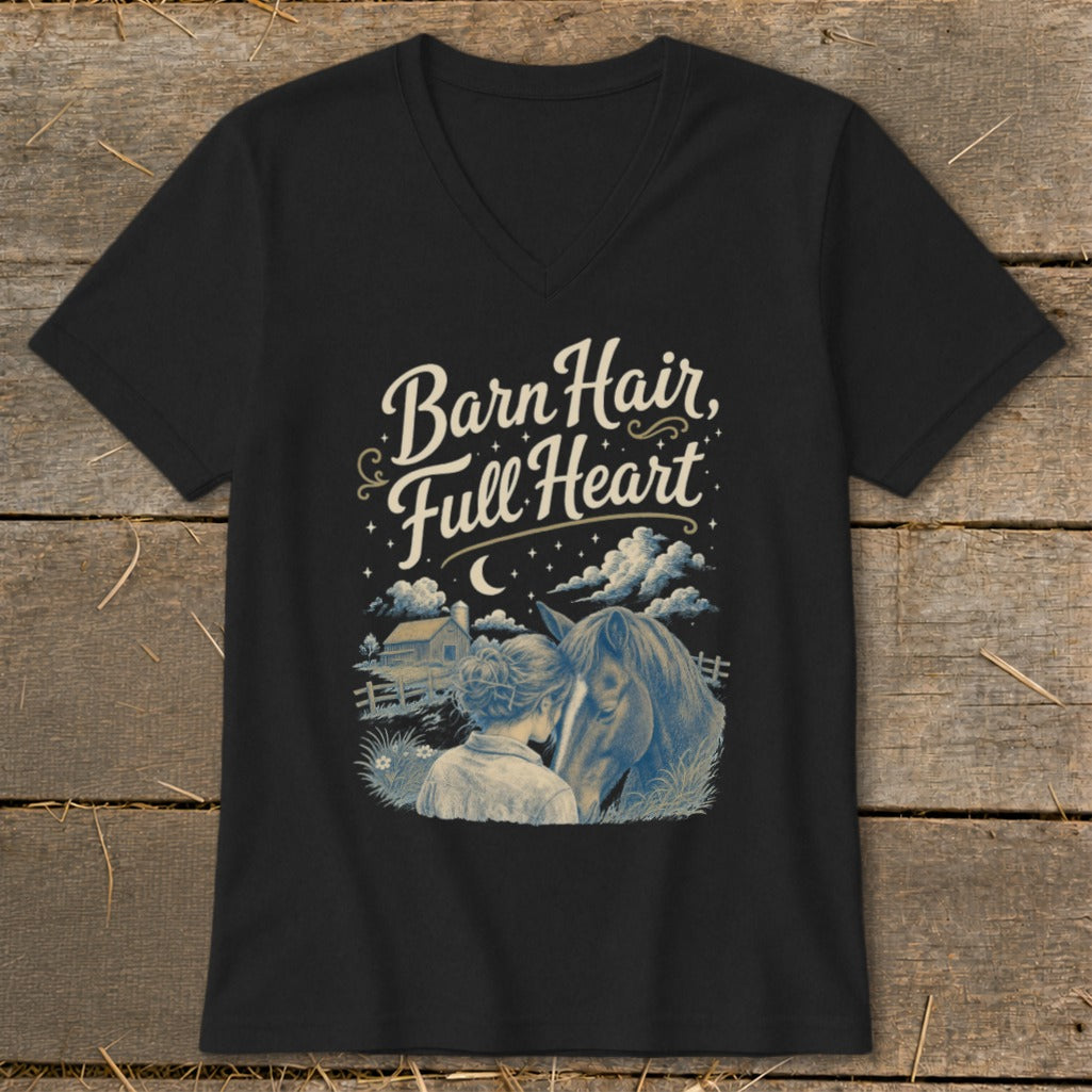Black t-shirt with "Barn Hair, Full Heart" graphic featuring a woman and horse.