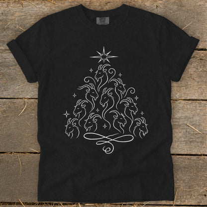 Black t-shirt with white line art of goats forming a Christmas tree shape.