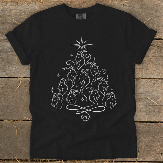 Black t-shirt with white line art of goats forming a Christmas tree shape.