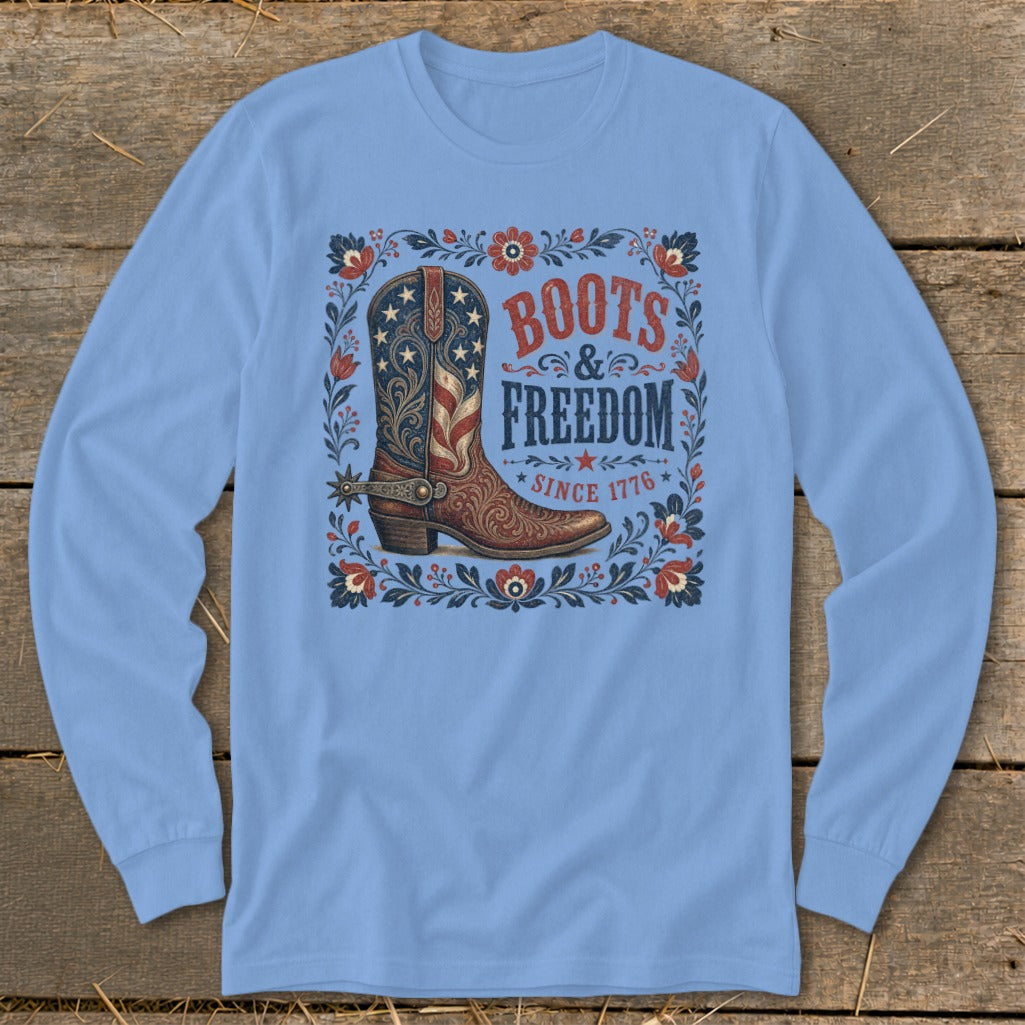 Long sleeve shirt with American flag boot graphic and "Boots & Freedom Since 1776" text.