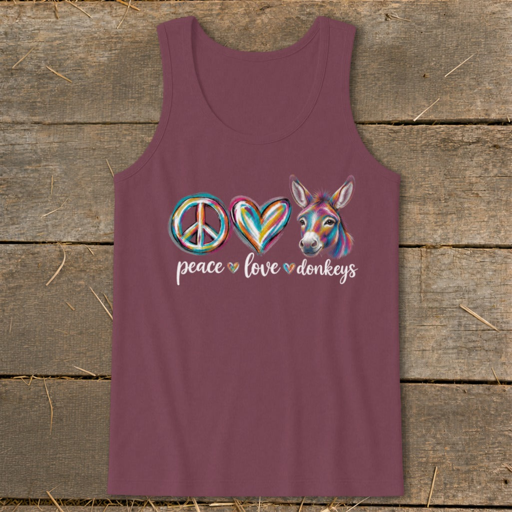 Burgundy tank top with a peace sign, colorful heart, and donkey head graphic.