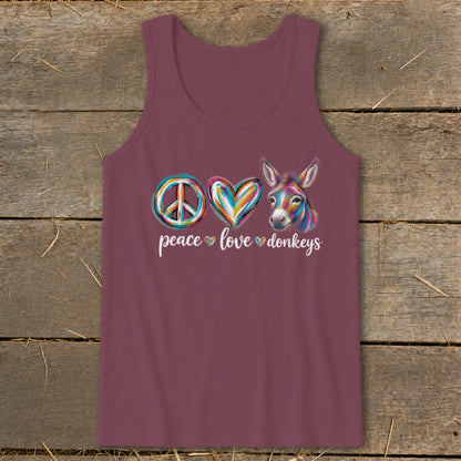 Burgundy tank top with a peace sign, colorful heart, and donkey head graphic.