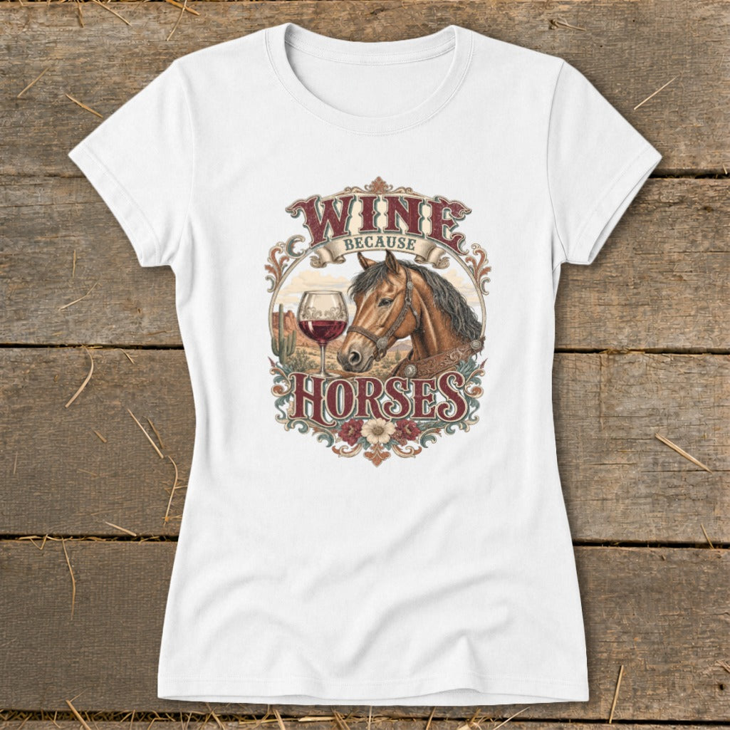 White t-shirt with "Wine Because Horses" graphic featuring a horse and wine glass.