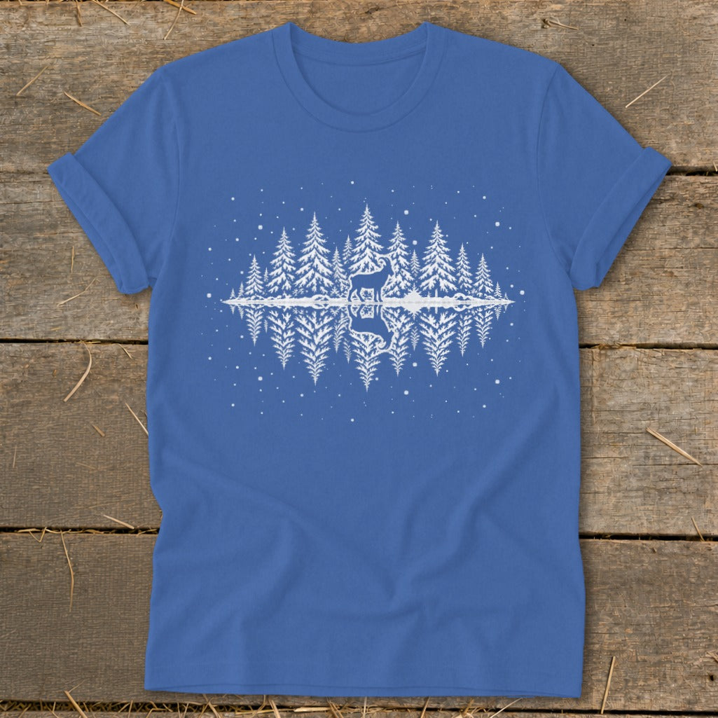 Blue t-shirt with white graphic of deer and pine trees reflected in water.