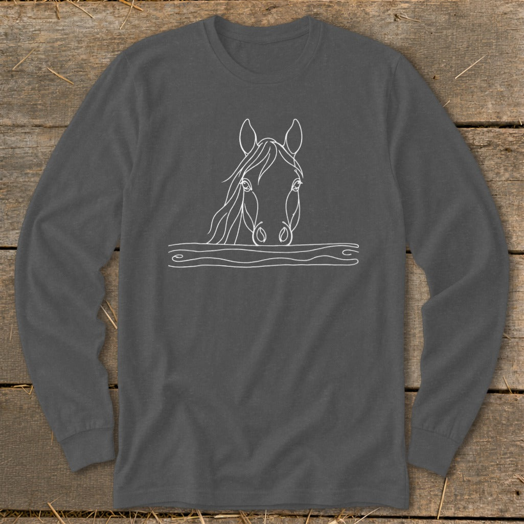 Gray long-sleeve shirt with a white line drawing of a horse's head peeking over water.