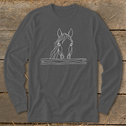 Gray long-sleeve shirt with a white line drawing of a horse's head peeking over water.