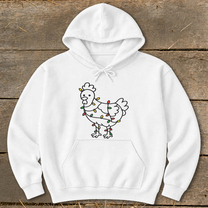 White hoodie with a chicken wrapped in colorful Christmas lights graphic.