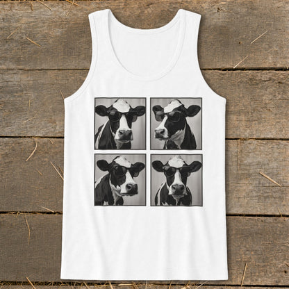 White tank top featuring a grid of four black and white cow portraits wearing sunglasses.