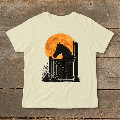 Cream-colored short-sleeve t-shirt featuring a black silhouette of a horse looking out a stable gate against an orange full moon.