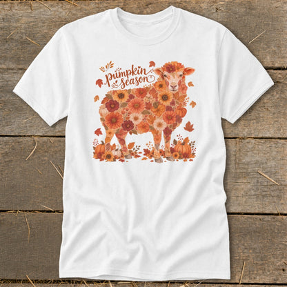 White t-shirt with a sheep made of autumn flowers and pumpkins, with "pumpkin season" text.