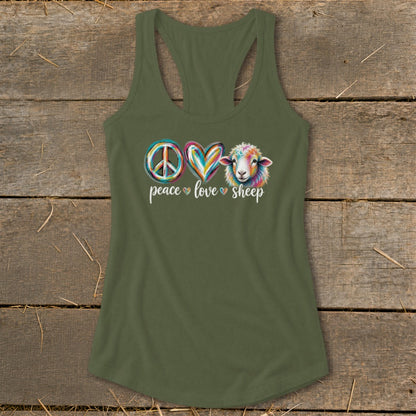 Olive green tank top with peace, heart, and sheep graphic and text.