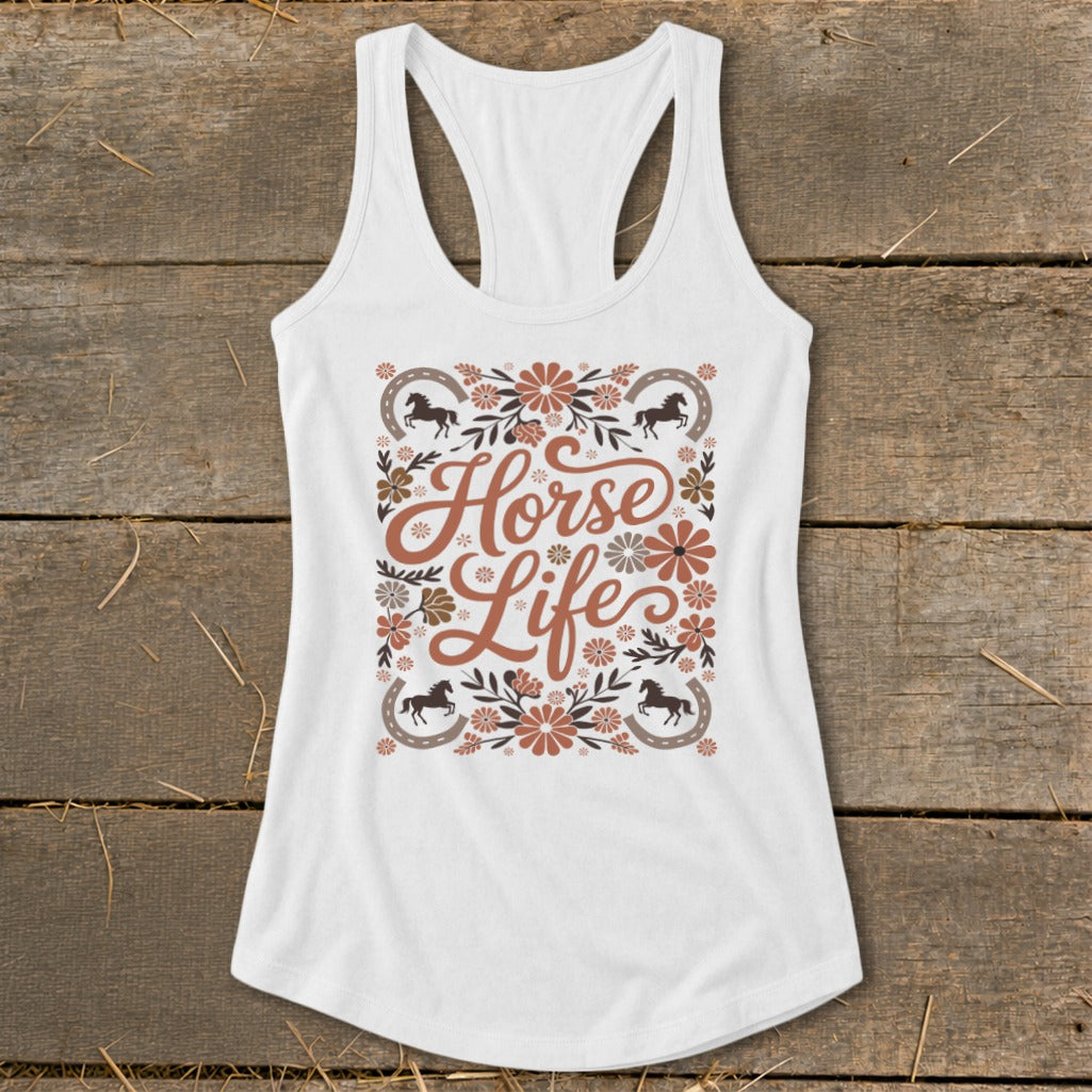 White tank top with "Horse Life" in floral and horse graphic design.