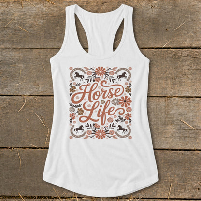 White tank top with "Horse Life" in floral and horse graphic design.