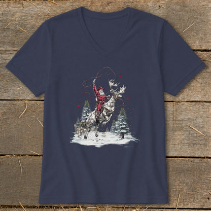 Santa Claus rides a reindeer with a lasso in a snowy forest scene.