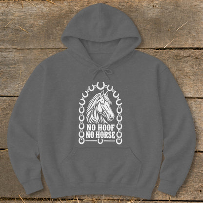 Dark gray hoodie with white horse graphic and "No Hoof No Horse" text.