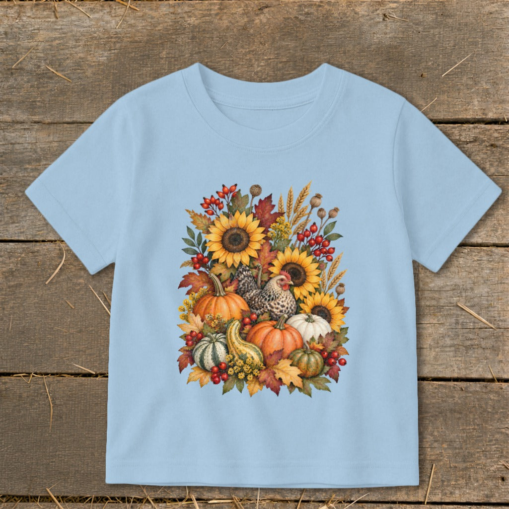 Light blue t-shirt with a watercolor fall harvest design featuring pumpkins, sunflowers, and chickens.