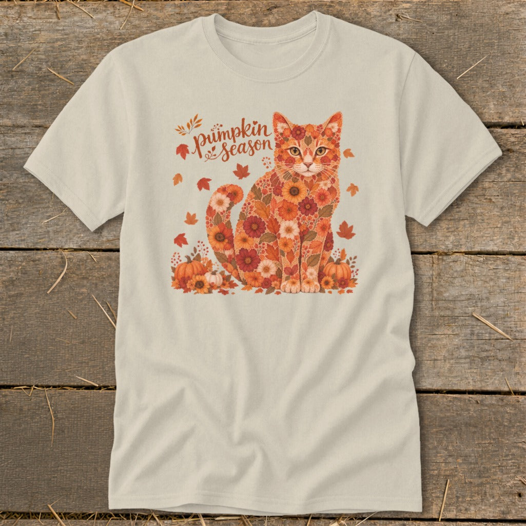 Cream t-shirt with a cat made of flowers and "Pumpkin Season" text.