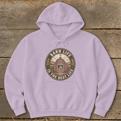 Purple hoodie with a circular barn graphic and the text "Barn Life is the Best Life."