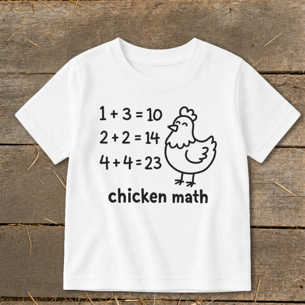 White t-shirt with "chicken math" text and cartoon chicken illustration.