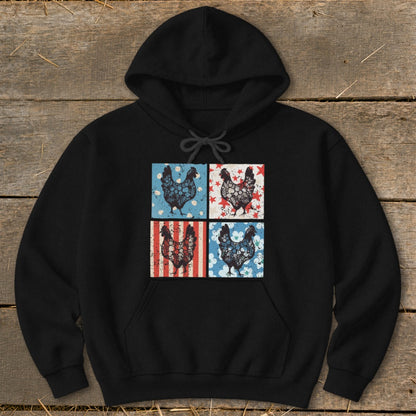 Black hoodie with a four-panel graphic of chickens in patriotic patterns.