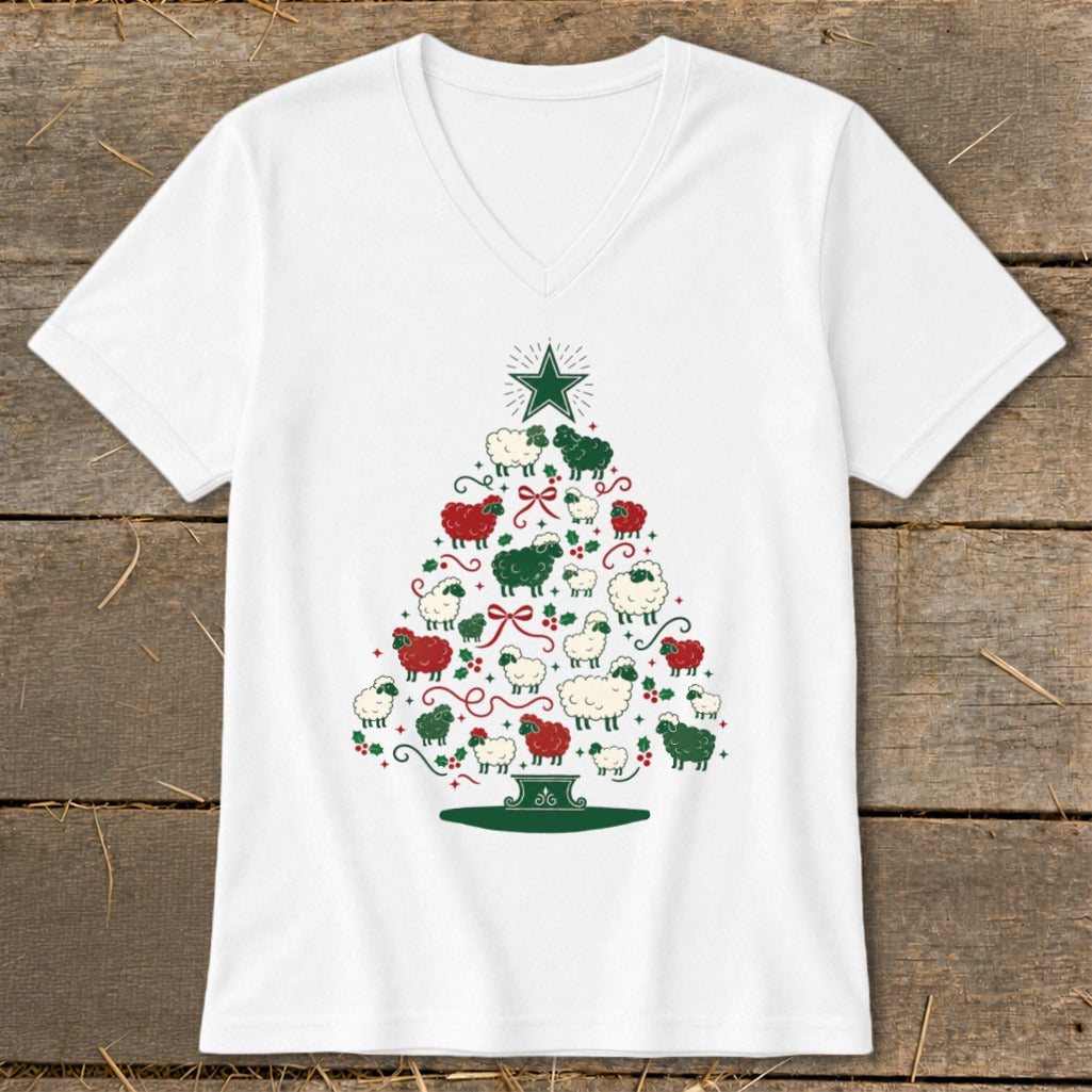 White t-shirt with a Christmas tree made of red and green sheep with a star on top.